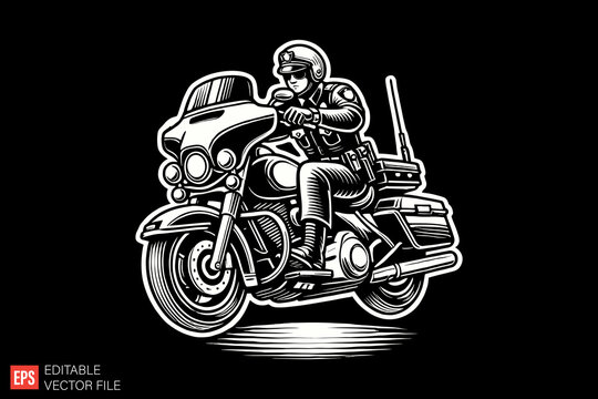 Police and motorcycle Black and white silhouette Illustration vector design