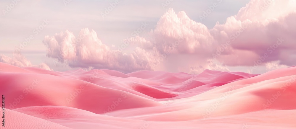 Poster Vibrant Pink and Red Sand Dunes in Desert with Soft Clouds and Expansive Sky Ideal for Text Placement and Nature-themed Projects