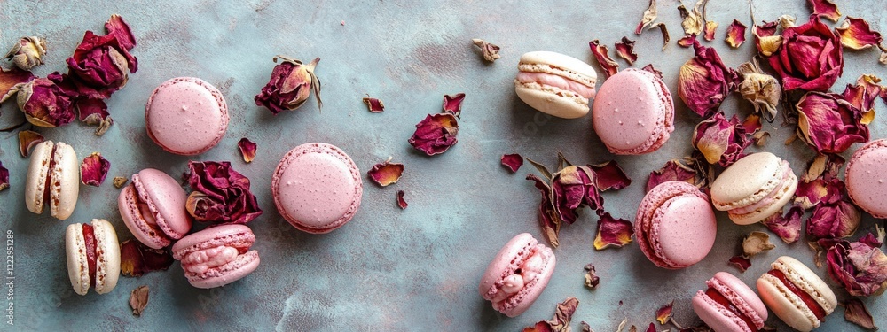 Poster Dried rose petals and macarons on a baking sheet with empty space for text ideal for dessert or baking themed designs and promotions