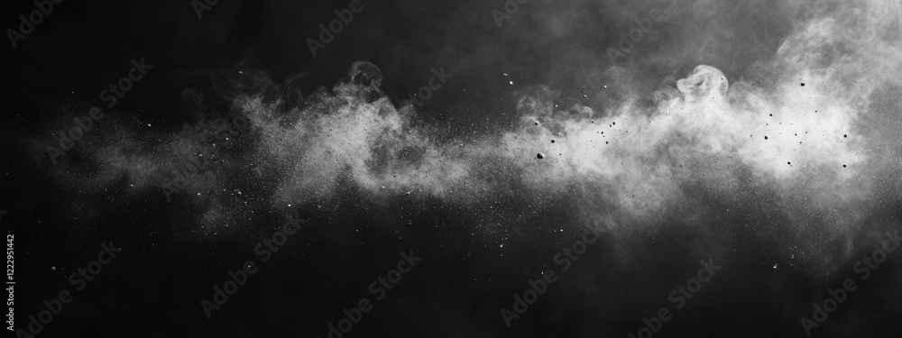 Fototapete Dust and dirt particles in a smoky texture on a black background creating empty space for text or graphic design elements.