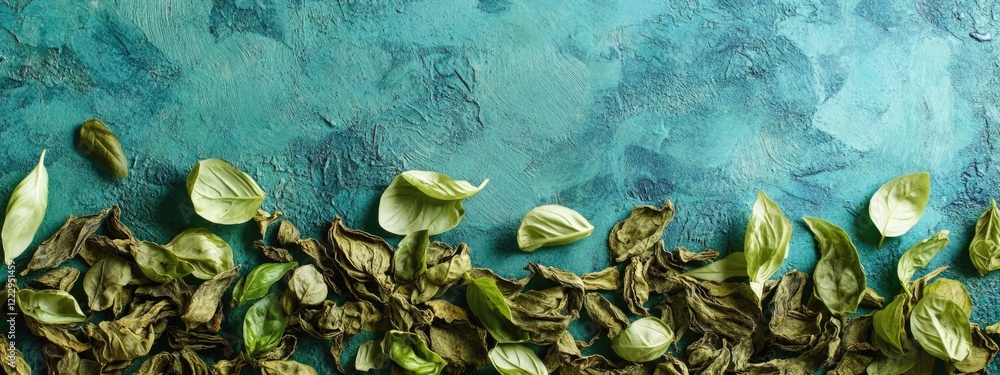 Fototapete Dried basil leaves arranged on a textured surface with empty space for text or labeling in culinary or herbal themes