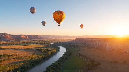 Fototapeta premium Dawn of Discovery: Vibrant Hot Air Balloon Festival in Tranquil Valley