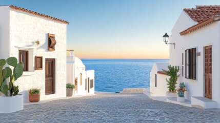 Serene Coastal Charm: Sunrise in Whitewashed Seaside Village