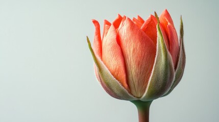 Vibrant red orange rose bud against a soft white backdrop showcasing delicate fringed petals reaching towards the light in full bloom