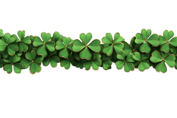 A vibrant line of green clover leaves, each shaped like a heart, showcasing their lush greenery and intricate textures.
