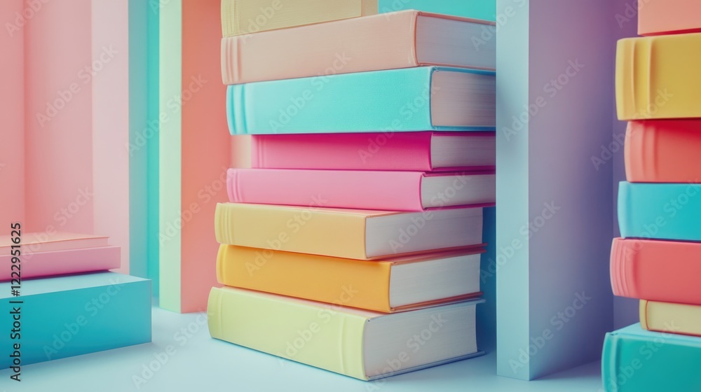 Poster Vibrantly stacked colorful books on a pastel background with ample empty space for text highlighting creative educational themes.