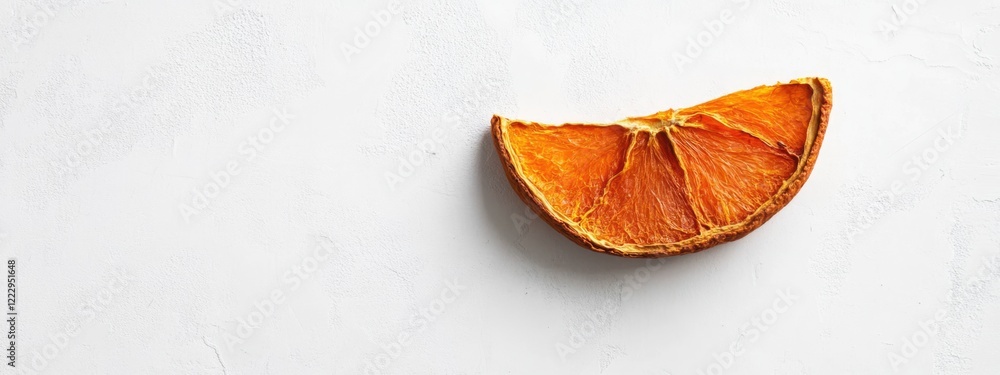 Poster Dried orange slice on white surface with ample space for text or design elements ideal for food and beverage themes