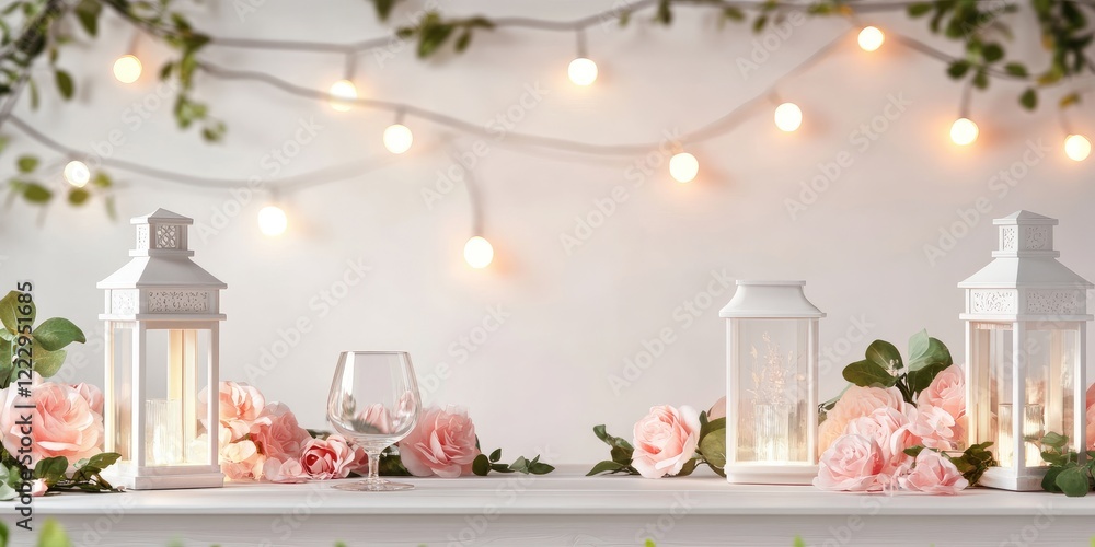 Aufkleber elegant garden party setup featuring lanterns, string lights, and floral arrangements with ample cop