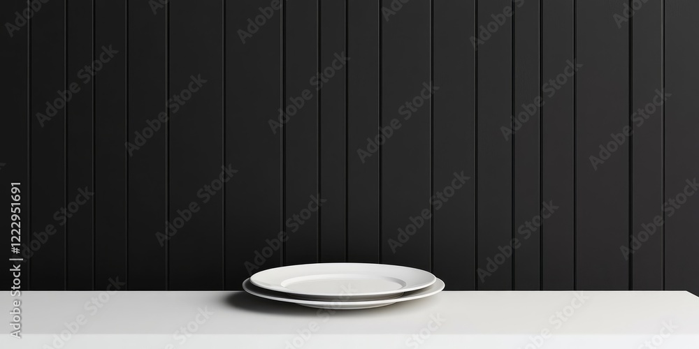 Poster elegant dining table set on white surface with empty space for text against a stylish black paneled 