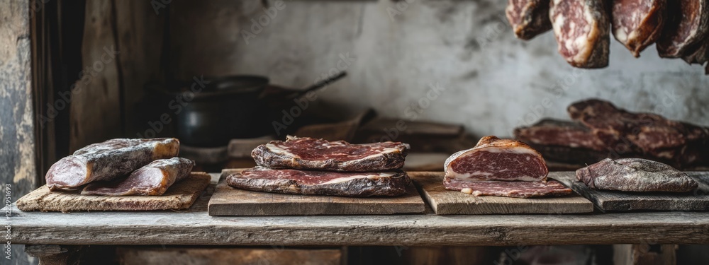 Poster cured dried meats showcased on rustic wooden boards in a traditional workshop setting with space for
