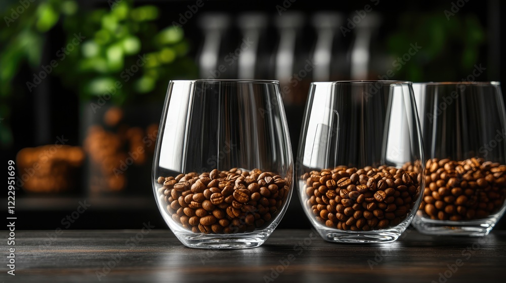 Poster close up of dried arabica coffee beans in glasses with empty space for text creating an aromatic foo