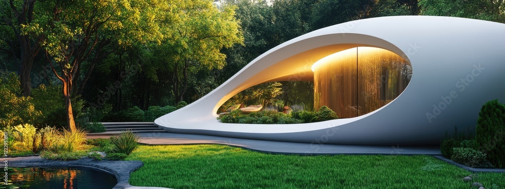 Poster modern eco-friendly home design with curved architecture surrounded by nature and ample space for te