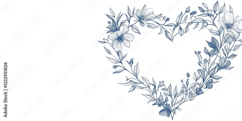 Poster Minimalist floral heart shape line art design in blue showcasing elegance and simplicity with ample copy space for customizable text