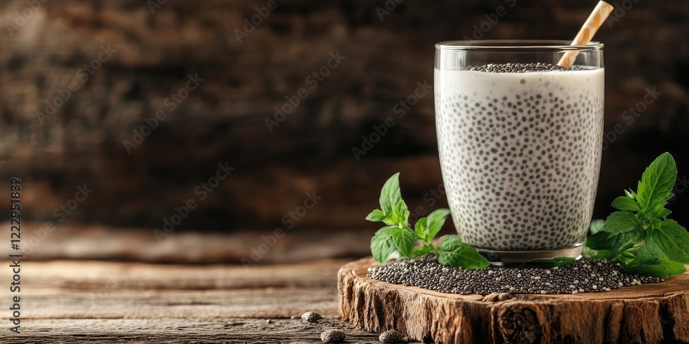Poster Chia seed glass with creamy milk on rustic wooden background showcasing fresh mint and ample copy space for text or design elements