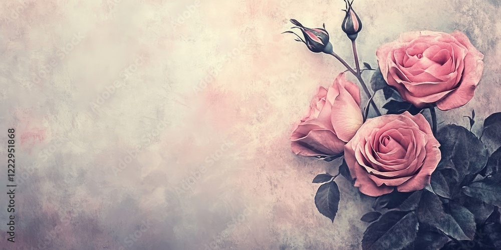 Poster vintage floral composition featuring elegant roses with soft background and ample space for text or 