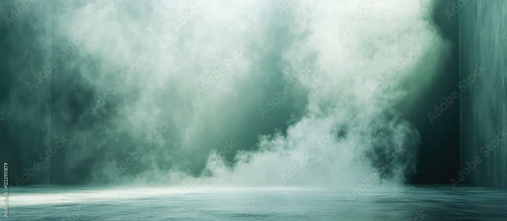 Poster Misty green abstract studio space with fog and smoke for minimalistic design, ideal for text placement and mysterious ambiance.