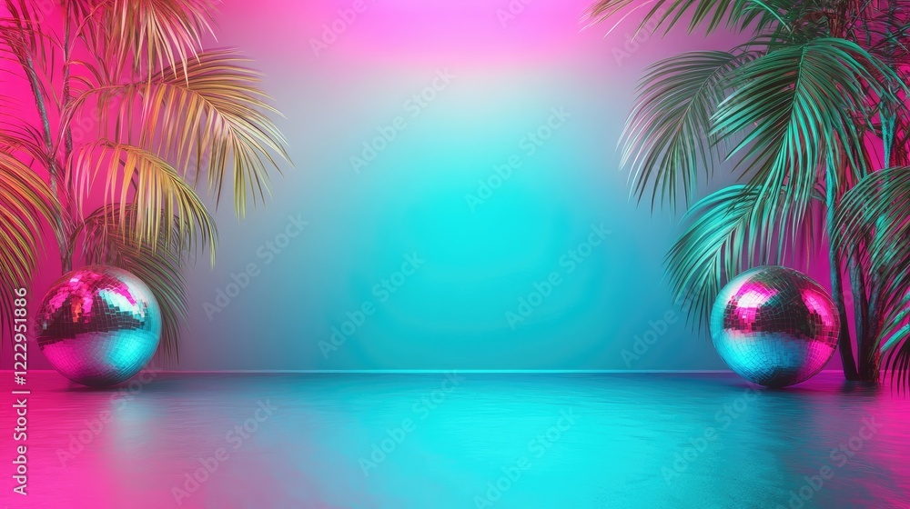 Poster vibrant retro disco background with colorful palette and minimalist composition featuring palm leave