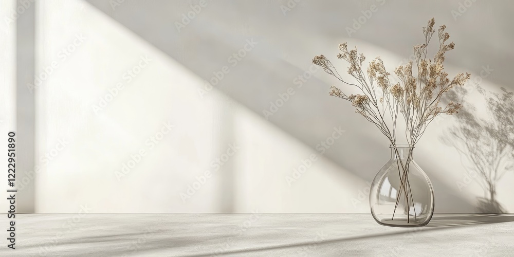 Poster elegant glass vase holding dried flowers casting shadows on a minimalist blank wall with ample copy 