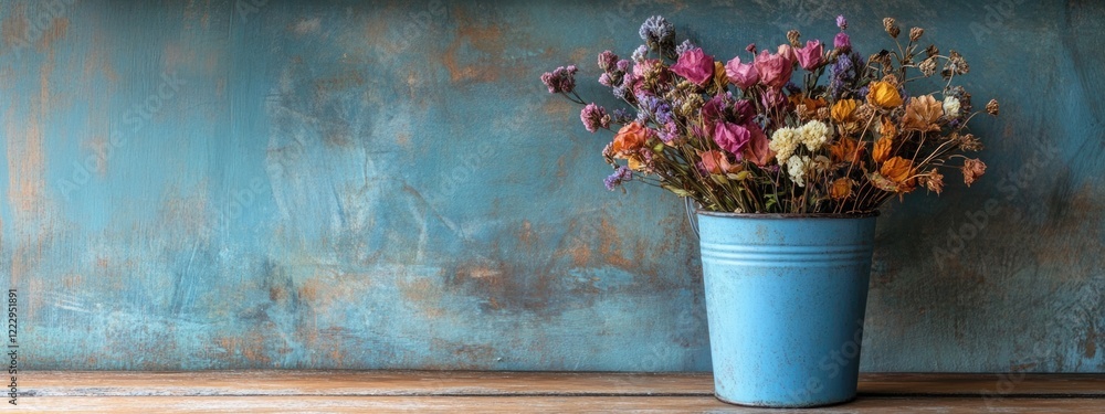 Fototapete dried flowers in a blue bucket on a wooden table with a textured blue background and ample empty spa