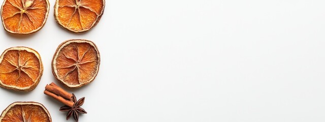 Dried oranges with cinnamon and star anise arranged on a white background featuring ample space for textual overlay and creative design