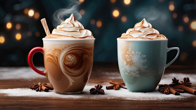 A red coffee cup sits on a wooden table, featuring a frothy latte art design of Santa Claus’s face.