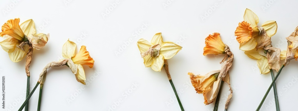Poster dried daffodils arrangement on white surface with blank space for text or design projects