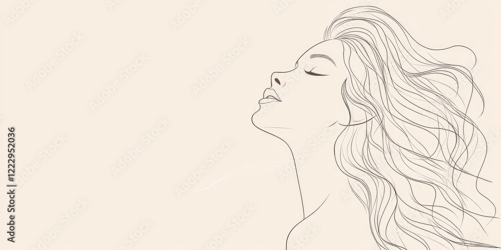 Aufkleber graceful fine line drawing of female silhouette with flowing hair and empty space for custom text or