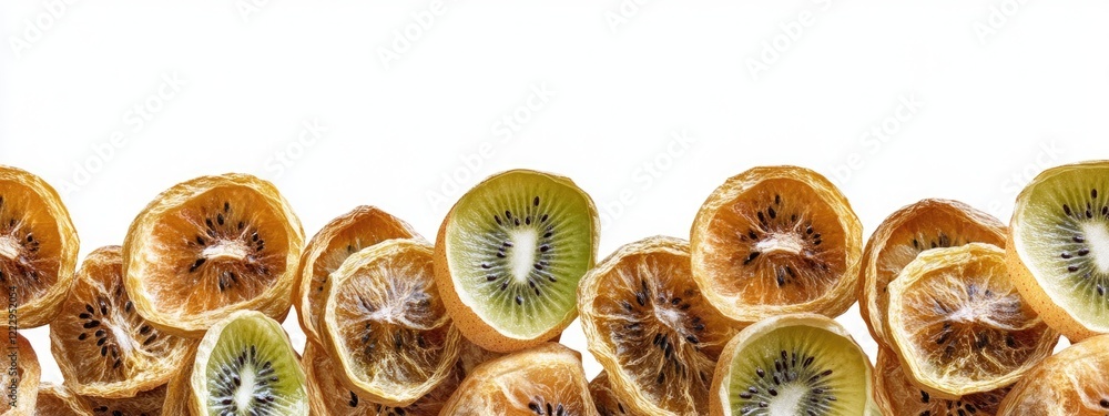 Poster dried baby kiwi fruits arranged on a white background with ample copy space for text advertisements 