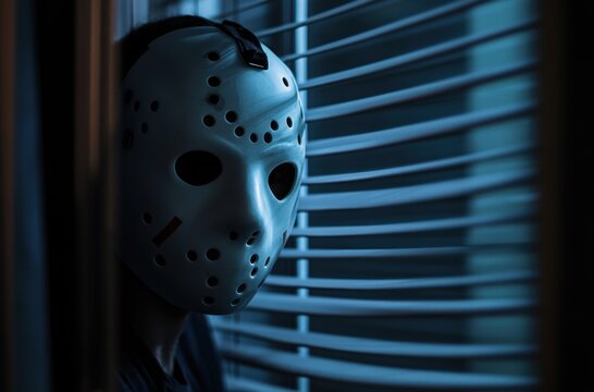 A person wearing a hockey mask is standing in front of a window