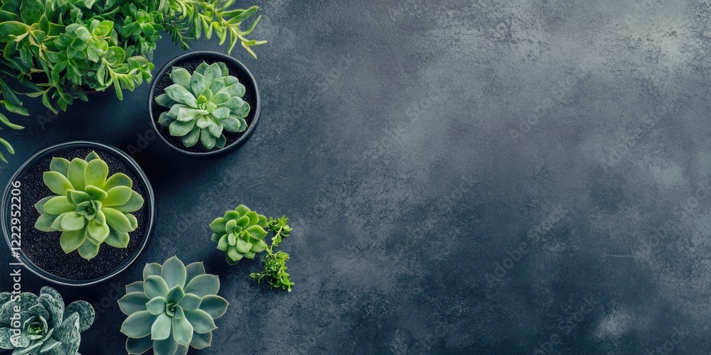 Poster Elegant dining table featuring fresh green succulents in pots with ample empty space for personalized text or signage.