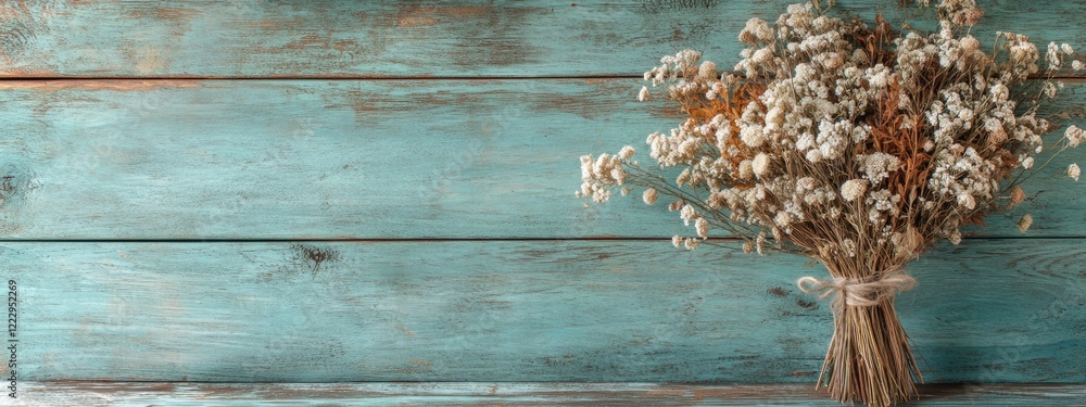 Poster dried flower bouquet on rustic green wooden background with ample space for text placement or design