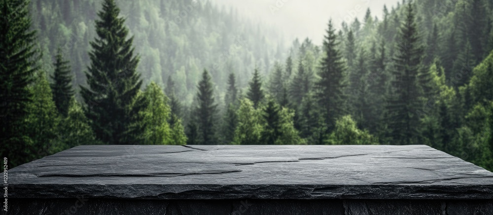 Aufkleber black stone table in serene forest setting with pine trees ideal for dwellings creative outdoor natu