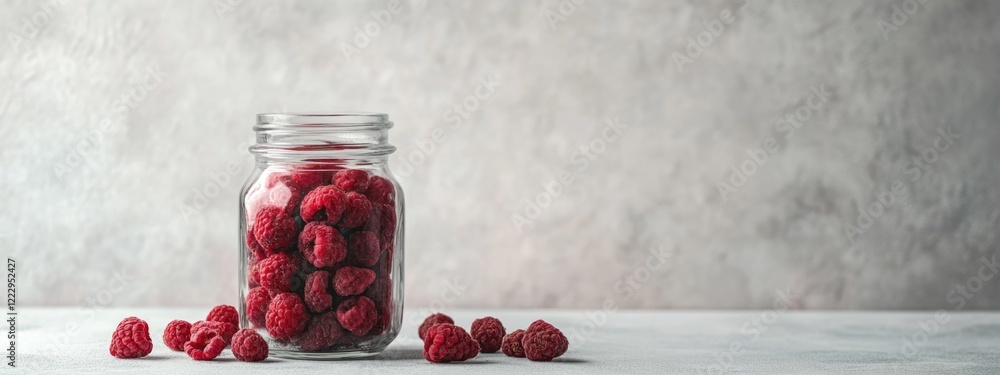 Poster Dried raspberries in a glass jar on a textured light background with ample copy space for branding or product information