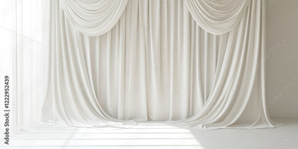 Poster Elegant white fabric drapery with soft texture illuminated by natural light creating empty space suitable for text or design elements