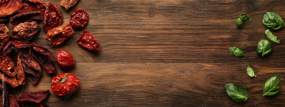Poster Dried tomatoes and fresh basil on wooden table with empty space for text perfect for culinary and recipe themed design necessidade.