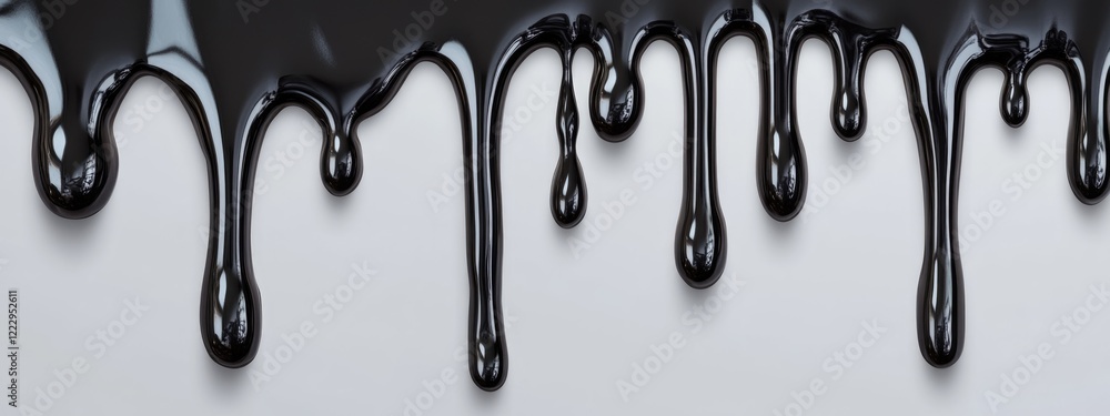 Leinwandbilder Dripping black liquid forming intricate shiny droplets on a smooth surface with blank space for text or design elements.