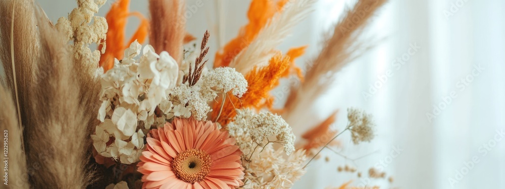 Poster dried flower arrangement for home decor with soft neutral background and empty space for text or bra