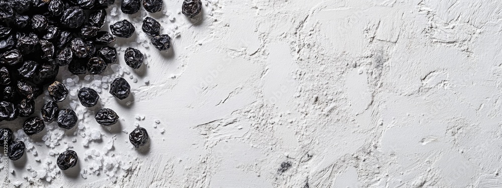 Poster Dried black olives with sea salt on a textured white surface for culinary use and presentation with empty space for text or design elements
