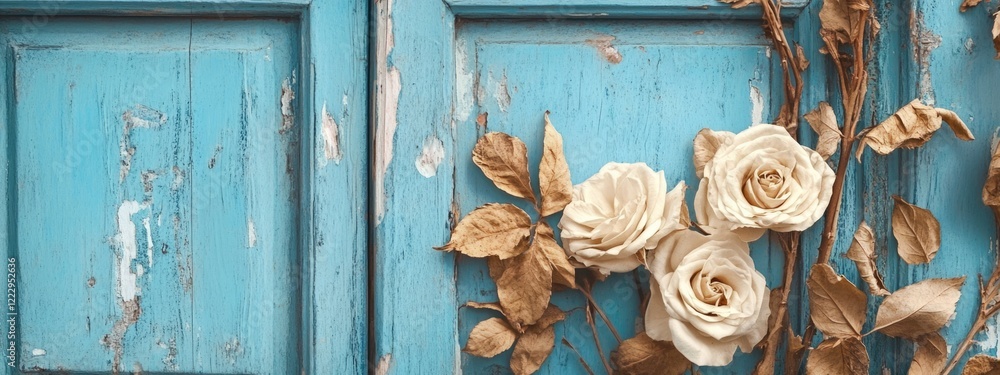 Poster dried white roses and leaves arranged by a rustic blue vintage window with an empty space for text a