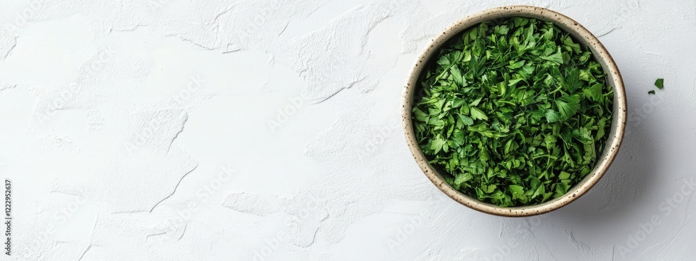 Poster Dried parsley in a small bowl on a textured white table with ample copy space for culinary or wellness text messages