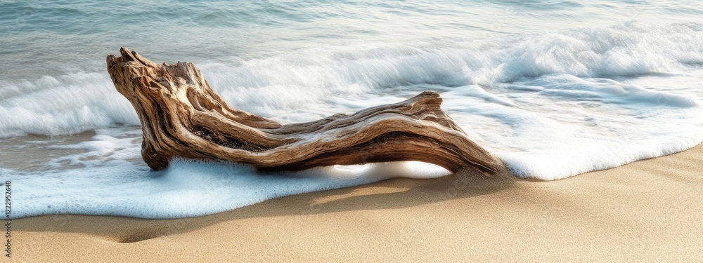 Aufkleber driftwood on sandy beach with ocean waves creating a serene natural background and empty space for t