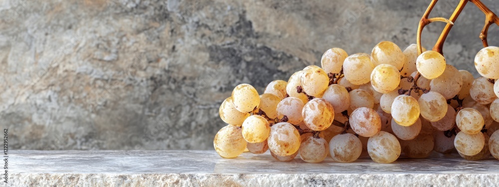 Poster Dried white grape cluster in still life setting with natural textures and ample copy space for elegant text design or presentation
