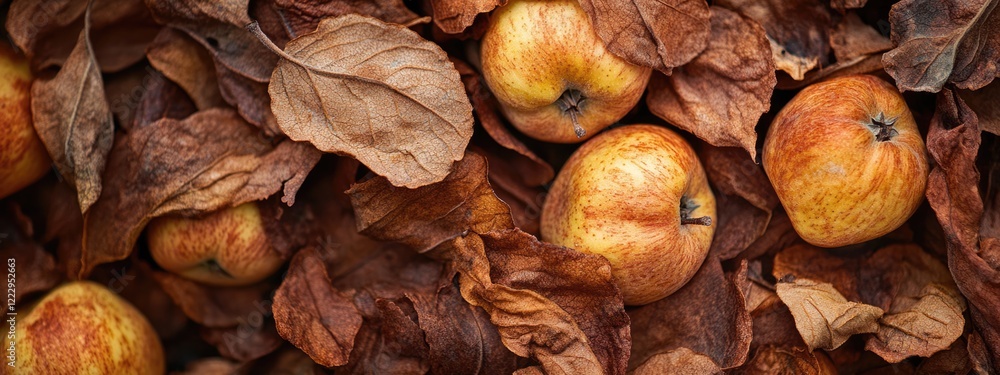 Poster Dried windfall apples surrounded by fallen leaves showcasing a reduced harvest with ample copy space for text placement