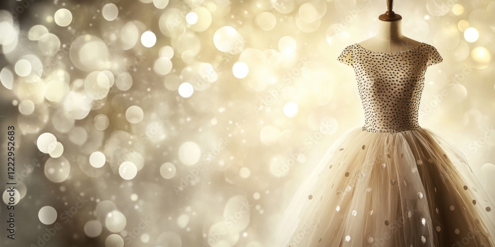 Poster Elegant evening dress displayed in a glamorous bokeh setting with ample copy space for captions or advertisements