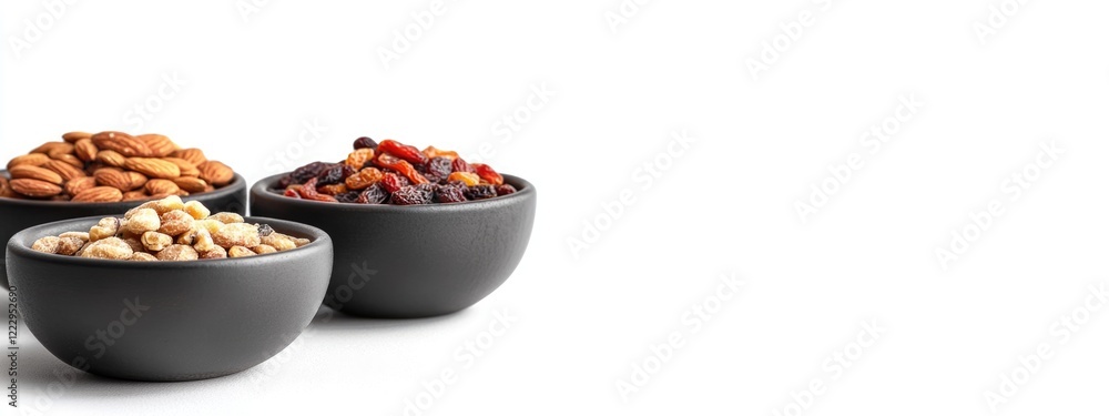 Poster dried fruits and nuts in elegant bowls on white background with ample space for text and design elem