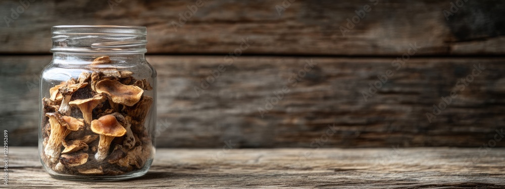 Poster dried mushrooms in glass jar on rustic wooden surface with blank space for text or label space for f