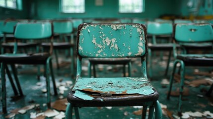 An abandoned classroom scene featuring worn-out turquoise chairs, illustrating the passage of time and neglect, while evoking nostalgia for educational experiences.