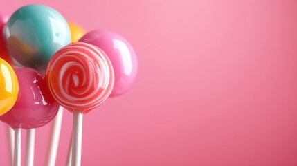 A vibrant display of assorted colorful lollipops stands against a soft pink background, evoking feelings of joy and nostalgia for sweet treats from childhood.