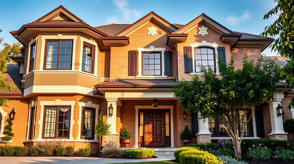 Fototapeta premium Luxury Brick House Exterior: Dream Home Architecture and Landscaping Design