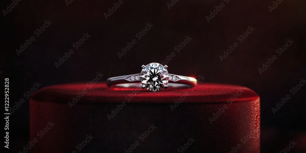 Poster Elegant diamond ring showcased on a dark red pedestal with ample blank space for personalized text or branding.